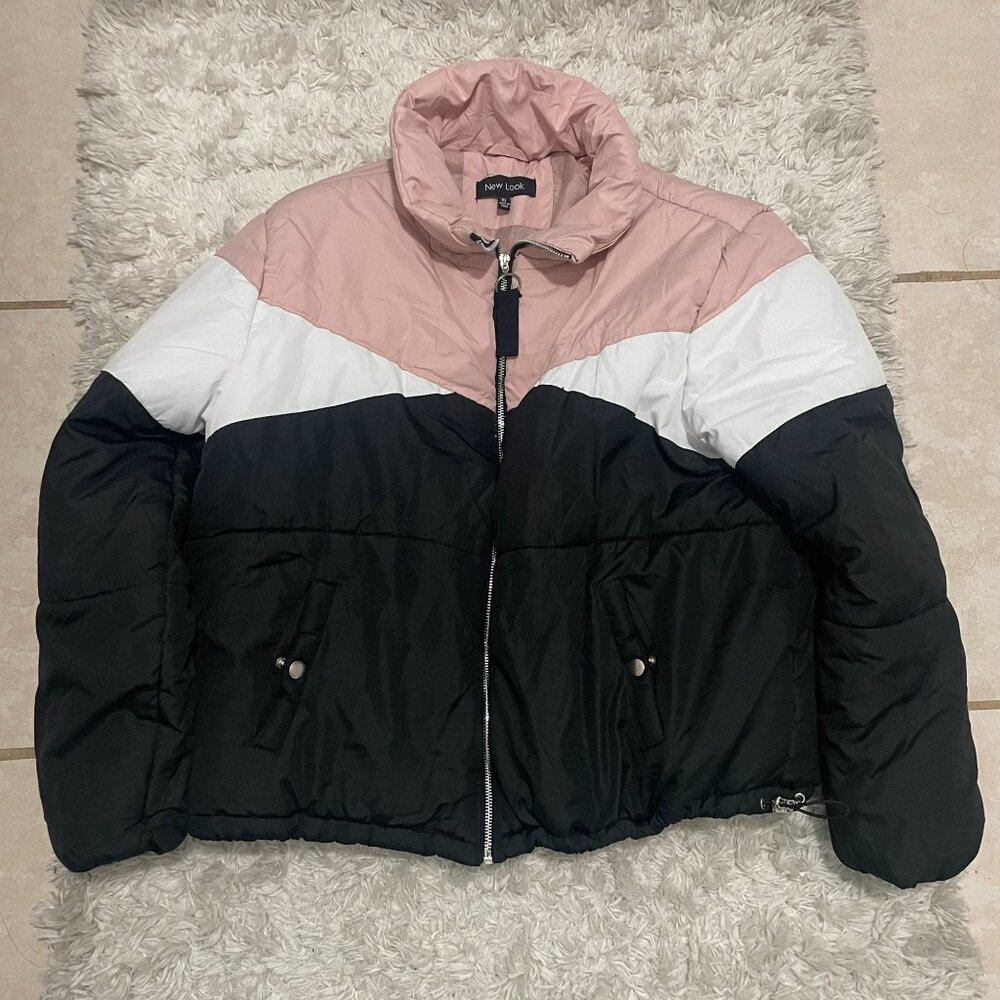 New Look Womens Colorblock Puffer Jacket XL Pink/White/Black Full Zip Polyester